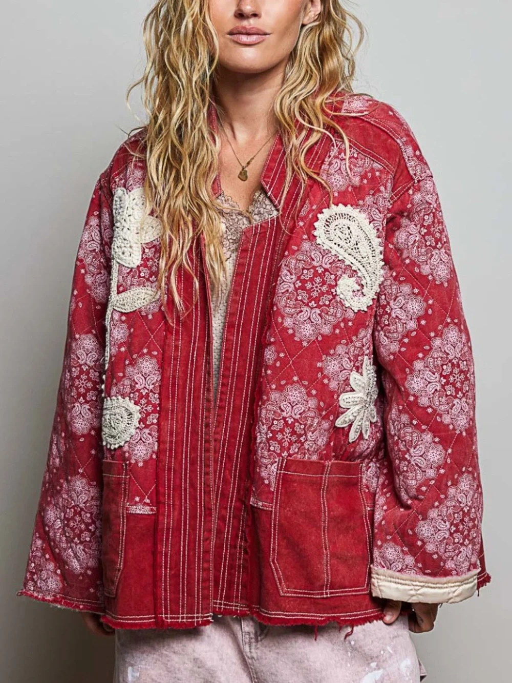 POL Red Paisley Print Reverse Stitch Floral Embroidered Open Front Jacket